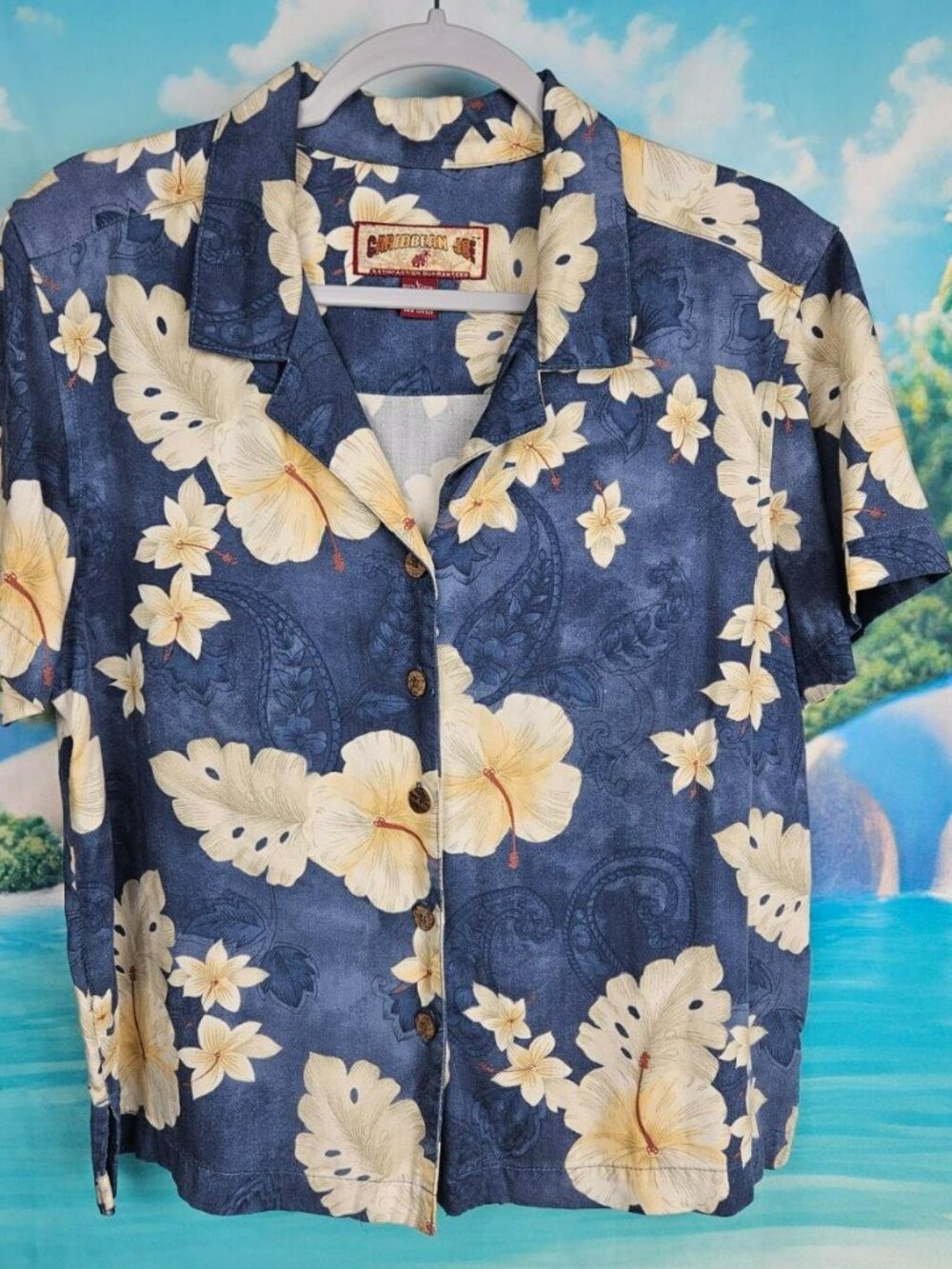 Caribbean Joe Shirt Mens L Vintage Floral Hawaiian Rayon Vacation Travel Blue
